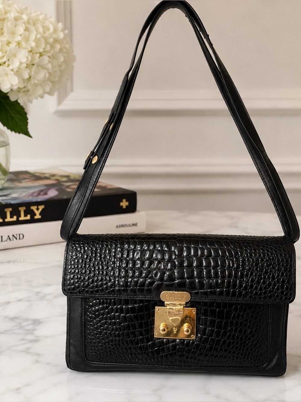 Bally Leather Croc-Embossed 3-Way Shoulder Crossbody Clutch Bag | Vintage